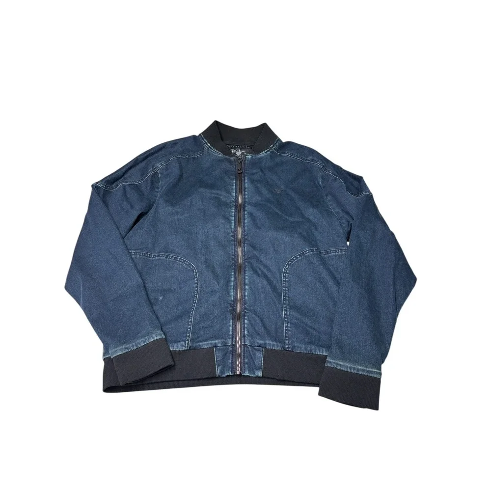 NWOT True Religion Denim Bomber Jacket Mens 2XL TG Blue Full Zip Horseshoe Logo